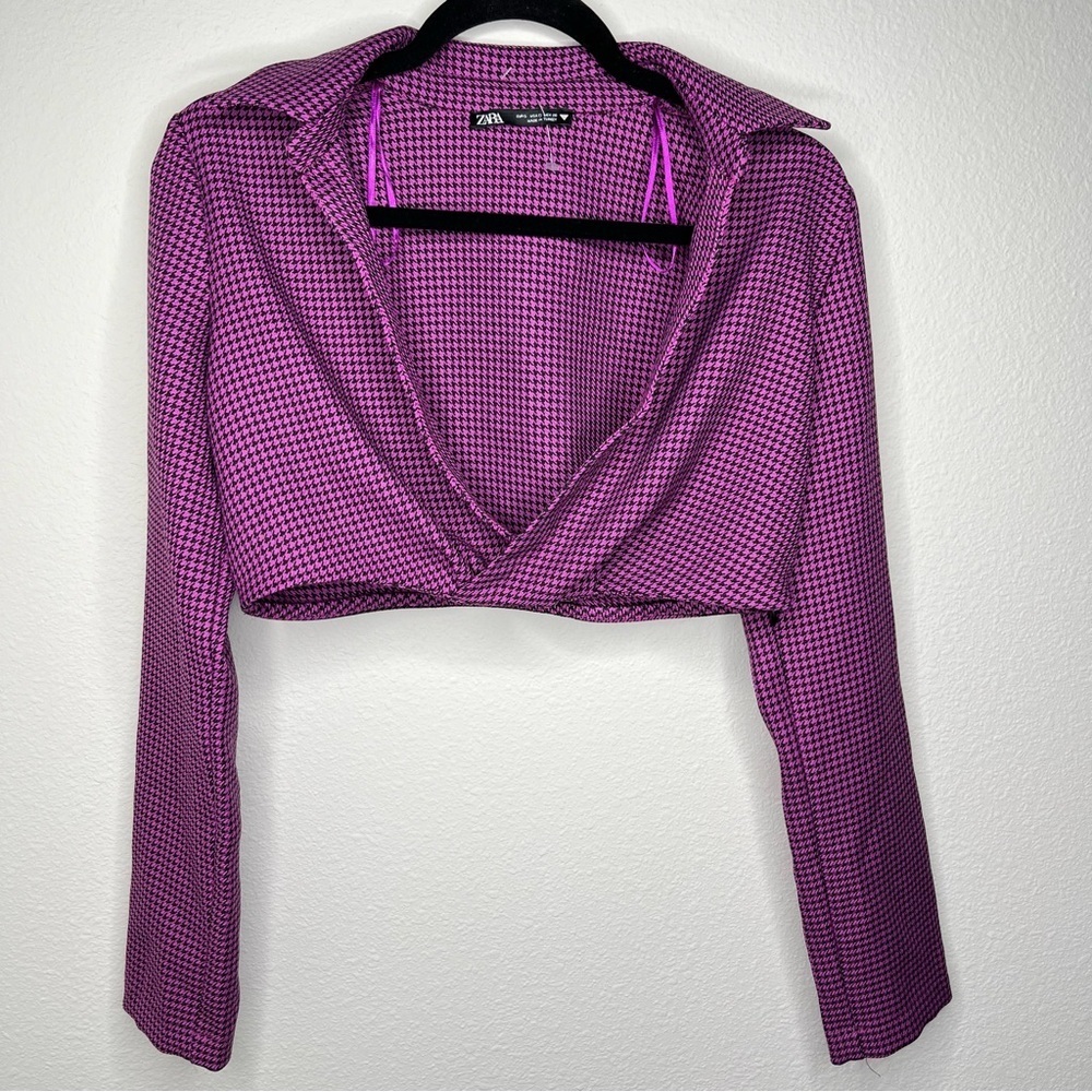 Zara Purple Houndstooth Cropped Wrap Top